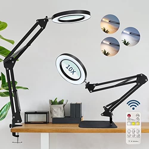 New 2-in-1 Magnifier Large Base & Clamp,10X Magnifying Glass with Light and Stand,3 Color Modes 10 Stepless Dimmable,Adjustable Swing Arm Magnifier Lamp for Close Work,Crafts,Painting,Repair.