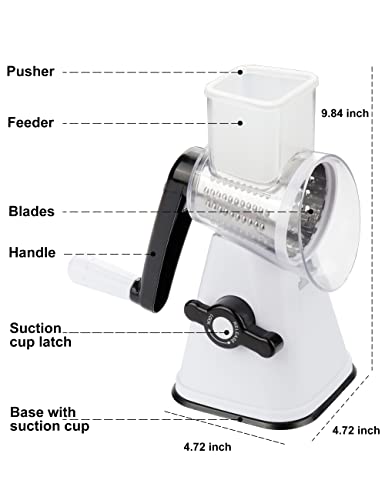 Rotary Cheese Grater,3 In 1 Multi-Functional Mandoline Vegetable Shredder,Slicer With Strong Suction Base, 3 Drum Blades In Set (White & Black) #TOP1