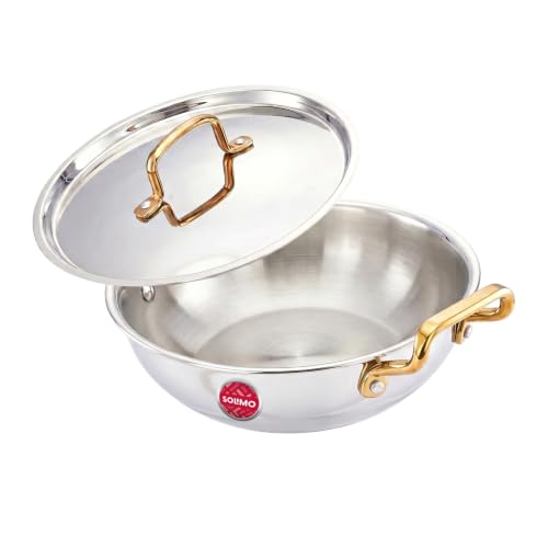 Image of Amazon Brand - Solimo Premium Triply Stainless Steel Kadhai 26cm (3.2L) | SS Lid | Even Heating | Gas & Induction Compatible | Dishwasher Safe | Food Safe SS 304 | Elegant Golden Handles | BIS Certified