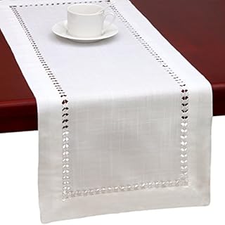 Grelucgo Handmade Hemstitched Natural Rectangle White Lace Table Runners Dresser Scarves (14*72 inch)(36*183 cm)