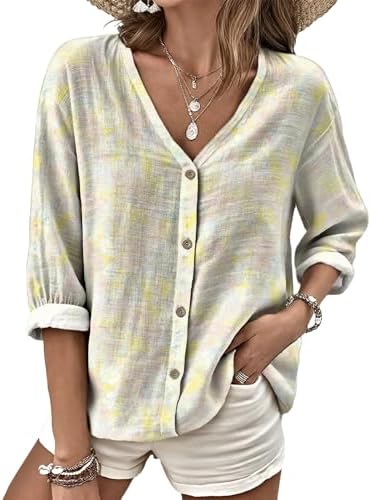 Summer V Neck T Shirts for Women Dressy Casual Button Down 3/4 Sleeve Tops Work Boho Beah Vacation Oversized Blouses Solid Color Print Graphic Loose Fit Tees Flowy Travel Outfits,4XL Yellow Pink