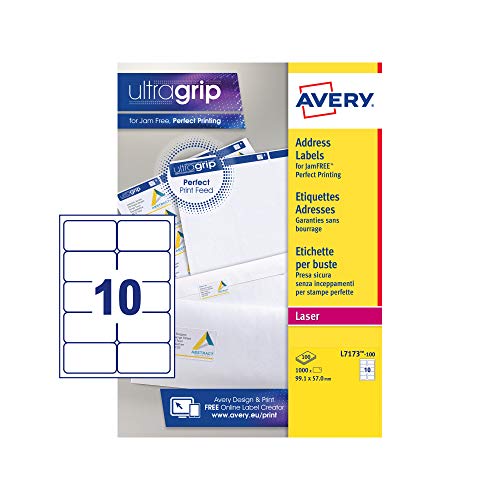 Avery Jamfree, Printable, Address Labels, Customisable, 99.1 X 57 Mm, White, 10 Labels Per Sheet, 1000 Blank Labels Per Pack (L7173-100)