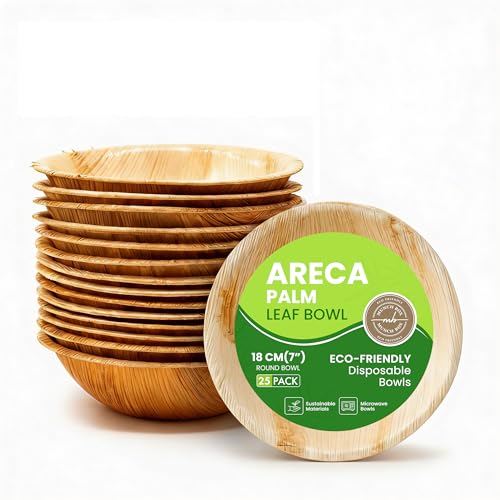 MUNCH BOX Einweg-Schüsseln, 17,8 cm, rund, Areca-Palmblatt-Schüssel, biologisch abbaubar und kompostierbar, umweltfreundliche Mikrowellenschüsseln wie Holz, Bambusschalen für Party, heiße Speisen