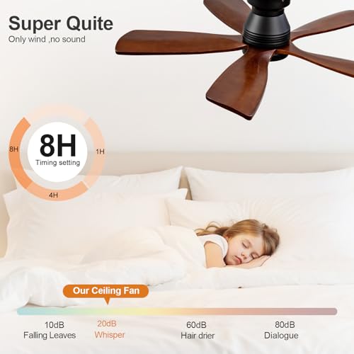 DELIHUA 42 Inch Flush Mount Ceiling Fans with Lights and Remote, Dimmable, 5 Blades Wood Ceiling Fan with Light, Low Profile Outdoor Indoor Modern Ceiling Fan for Bedroom Patio (Black Walnut) by DELIHUA - Image 7