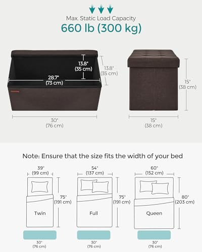 Image of SONGMICS Mazie Collection - 30 Inches Folding Storage Ottoman Bench, Ottoman Foot Rest, End of Bed Bench, Storage Chest, Load 660 lb, for Living Room, Bedroom, Entryway, Brown ULSF047K02