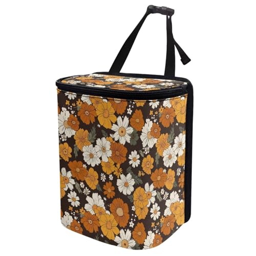 Image of Retro Sunflower Daisy Flower Car Trash Can Hanging Mini Auto Garbage Bin with Lid Washable Leak Proof Automotive Car Rubbish Bags for Back Front Seat,Cottagecore Car Interior Accessory