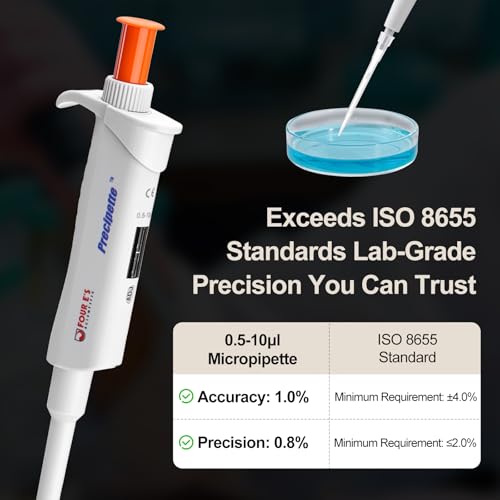 Image of 4E's USA Lab 0.5-10μL Pipette: Single-Channel Adjustable Micropipette with Color-Coded Top (Orange), 4 Digit Display, Universal Tip Cone, High Accuracy, ISO 8655 Calibrated & Lower Part Autoclavable