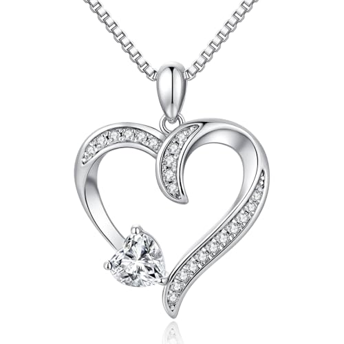 Love Heart Necklace for Women, 925 Sterling Silver Cubic Zirconia Birthstone Heart Pendant Jewelry Gift for Mom, Mother, Wife, Girlfriend on Birthday, Mother's Day, Chain 18 inch