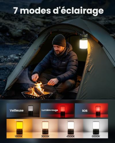 Glocusent Lampe Camping Rechargeable, 1200LM 130 Hrs Batterie, USB-C, SOS – vue 4