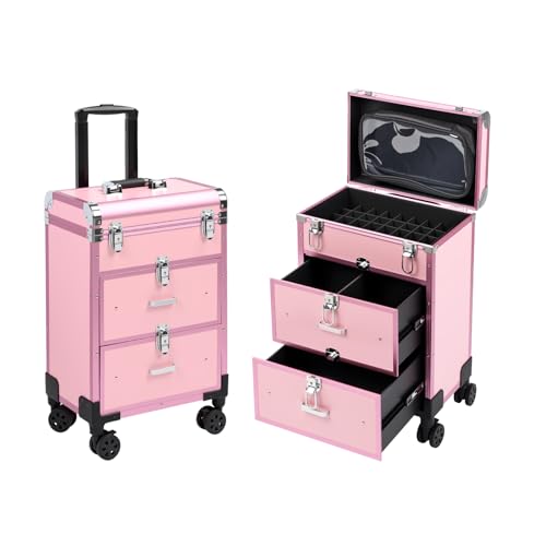 Estojo de maquiagem 3 em 1, estojo de cosmetologia profissional sobre rodas, bolsa de maquiagem transparente removível e organizador de esmalte, carrinho de maquiagem portátil com gavetas para