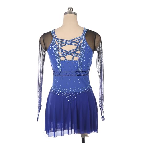 Vestido de patinação artística, azul e preto gradiente brilhante com mangas de malha de strass, fant
