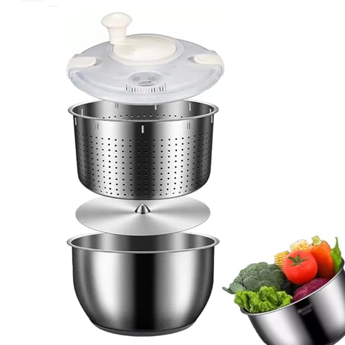 Centrifuga per insalata, in acciaio inox, lavabile in lavastoviglie, con coperchio, per frutta, pasta, patatine fritte