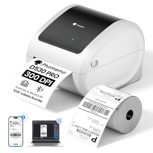 Image of Phomemo D530 Pro 4x6 Shipping Label Printer 300 DPI with 500 Labels, Bluetooth for Mobile, Ethernet USB & Bluetooth for Computer, Thermal Printer with Built-in Paper Bin, for Small Business USPS UPS