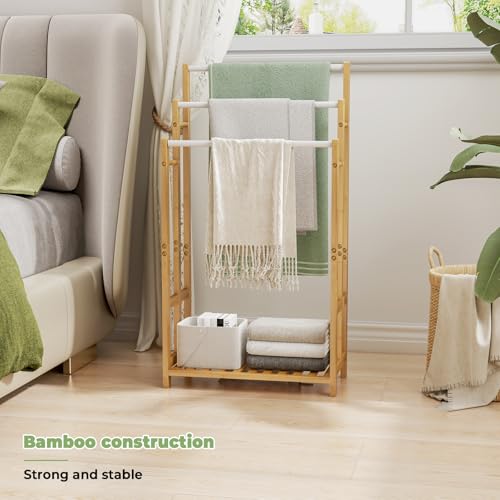 Dripex Freistehender Handtuchhalter Bambus Höhe 96 cm Handtuchständer Badetuchhalter mit 3 Edelstahlstangen und Ablage für Badezimmer, Zuhause, Natur 96H x 46B x 24T cm (96cm)