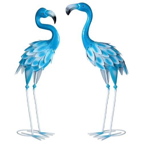 SUNREEK Metal Flamingo Statues 2Pcs Blue Flamingo Yard Art Sculptures for Garden Home Patio Lawn Backyard Decorations