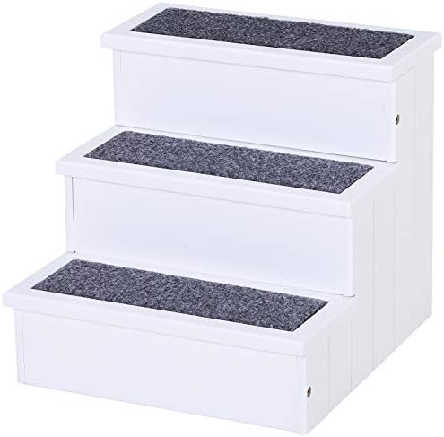 PawHut 3 Step Wooden Dog Steps Pet Stairs for Dogs, Cat Ladder for Bed Couch with Storage White
