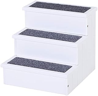 PawHut 3 Step Wooden Dog Steps Pet Stairs for Dogs, Cat Ladder for Bed Couch with Storage White