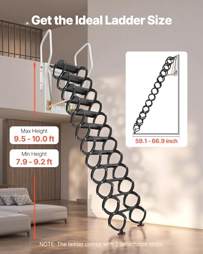 Image of VEVOR Attic Ladder Wall-Mounted, 660LBS /299.4KG Capacity, Fits 9.5 to 10 ft Ceiling Height, 12-Step Steel Folding Stairs with Handrails, Pull Down Attic Ladders for Attics, Garages, Roofs, Basements