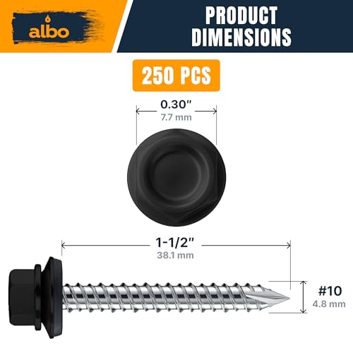 Image of ALBO 250 Pcs #10 x 1-1 /2 inch Black Metal Roofing Screws, EPDM Washers