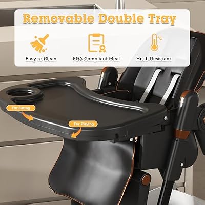 Baby High Chair with Wheels, 3-in-1 Foldable High Chairs for Babies and Toddlers with Soft Cushion, 5 Height & 3 Recline & 4 Dining Tray, Footrest Adjustable, 5 Point Harness, Black
