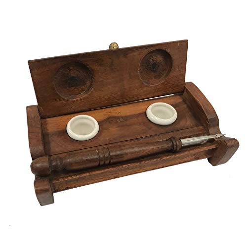 Schooner Bay Co. - 7" Wood Inkwell Stand with Two Clay Inkwells and Wood Nib Pen- Colonial Reproduction Antique Vintage Style