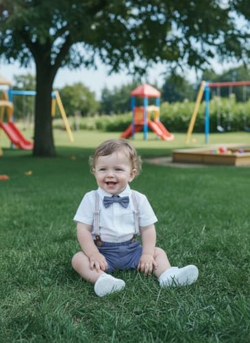 Image of Volunboy Baby Boy Formal Short Set Toddler Summer Gentleman Outfit Kid Short Sleeve Bowtie Shirt Suspender Shorts Suit