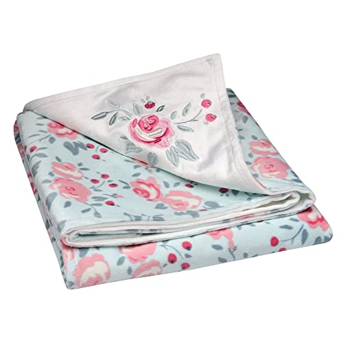 Image of 2 Ply Silky Mink Embroidered Baby Blanket, Reversible Garden Rose Print, (Aqua, 30 in. x 40 in.)