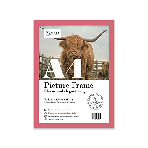 Almost Frameless A4 Pink Picture Frame, Fits A4 (21 x 29.7cm - 8.3 x 11.7in) Poster, Photo, or Print. Portrait and Horizontal Wall Hooks/Kickstand Wall Art Display