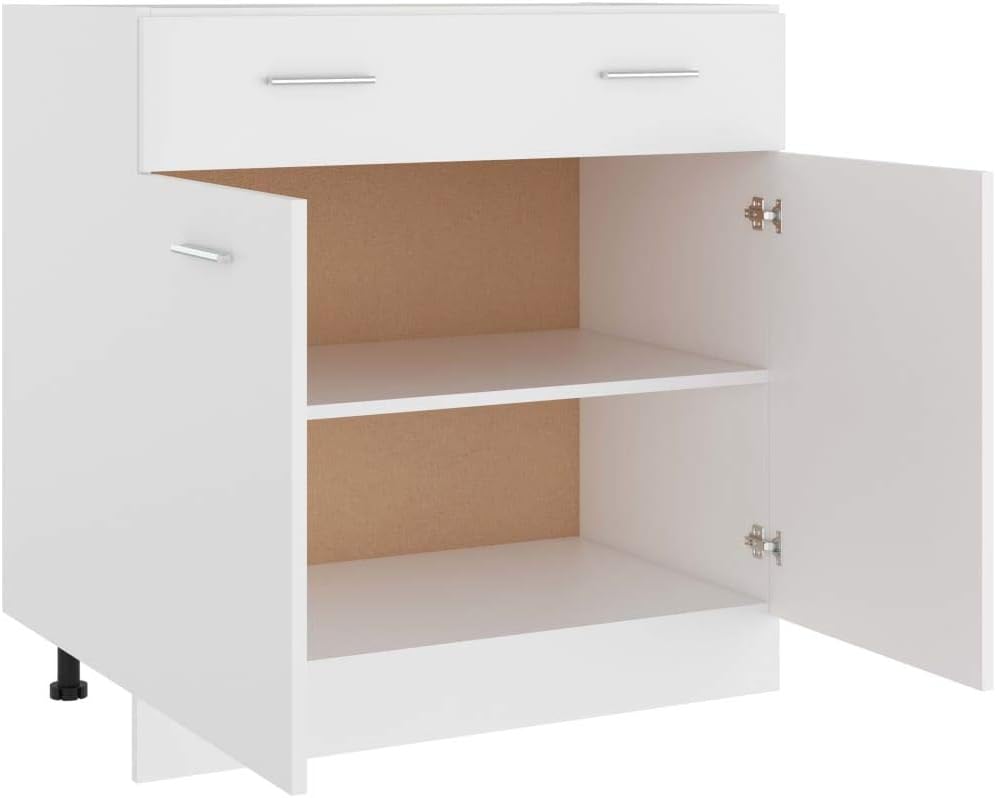 White Engineered Wood Drawer Bottom Cabinet with Shelf Storage for Kitchen Organization