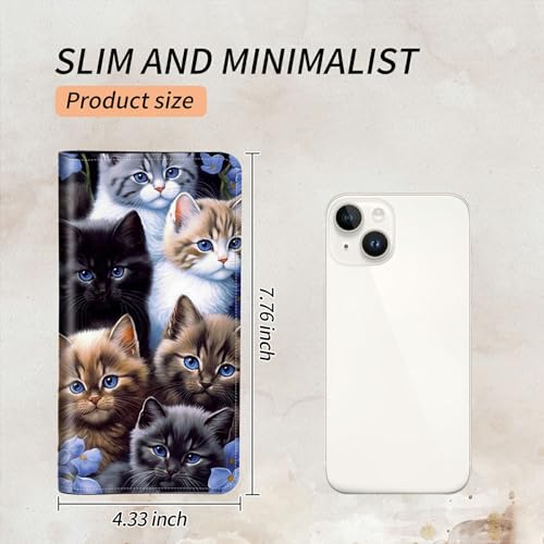 Bifold Wallet for Men Women,Dual Magnetic Clasp Closure PU Leather Long Wallet Clutch Bag with RFID Blocking+Money Phone Pockets + Card Slots,Cute Cat2