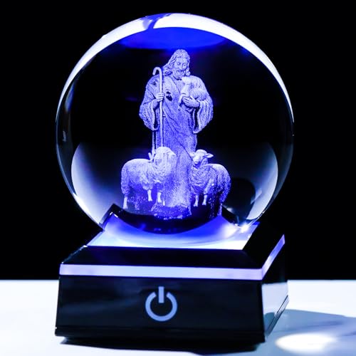 YWHL 80mm 3D Crystal Good Shepherd Statue Ball with Colorful Base Laser Engraved Jesus Figurine for Religious Gifts for Women Men on Christmas, Christian Catholic Church Keepsakes