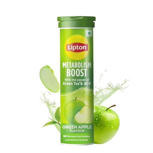 Image of Lipton Metabolism Boost with 150mg Green Tea Catechins and 50mg ACV (Apple Cider Vinegar) | For Weight Loss & Fat Burn | Zero Calories | 16N Effervescent Tablets | Green Apple Flavour