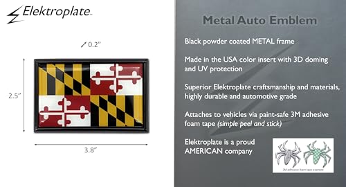 Image of Elektroplate Premium Maryland MD State Flag All Metal Black Frame Emblem for Cars, Trucks, and All Auto | Universal Fit at 2.5 inch x 3.8 inch | Weatherproof