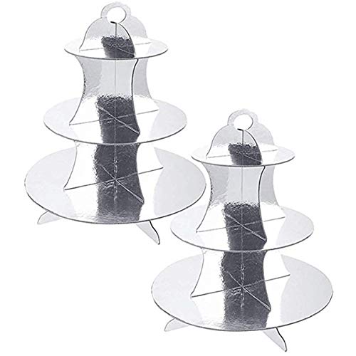 FAIRYRAIN 2 Pcs Of 3-Tier Cardboard Cupcake Food Dessert Stand Holder Tower (12" W x 13.5" H) for Birthday Wedding Special Event Decoration Baby Shower Party (Sliver)