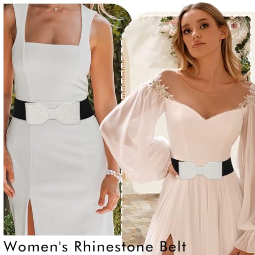 Rhinestone Elastic Belt Silver Bow Tie Crystal Wide Stretch Belts Women Sparkly Waist Belts for Dress2