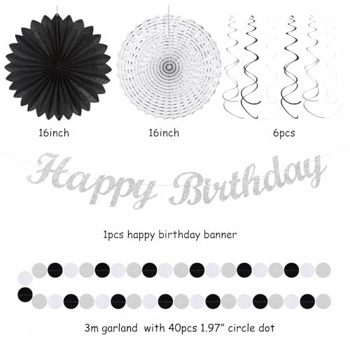 Image of Black White Silver Birthday Party-decorations - 21pcs Boys Men Happy Banner,Paper Streamers Lanterns Honeycomb,Tissue Pom Poms Fan,Adult Supplies Decor 16th 20th 40th 45th 50th 60th Huglony