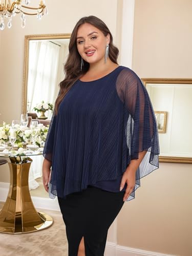 Sparkly Plus Size Top Women's Elegant Evening Wedding Tops Capelet Flowy Shirts Double-Layers Mesh Tunic Blouse2
