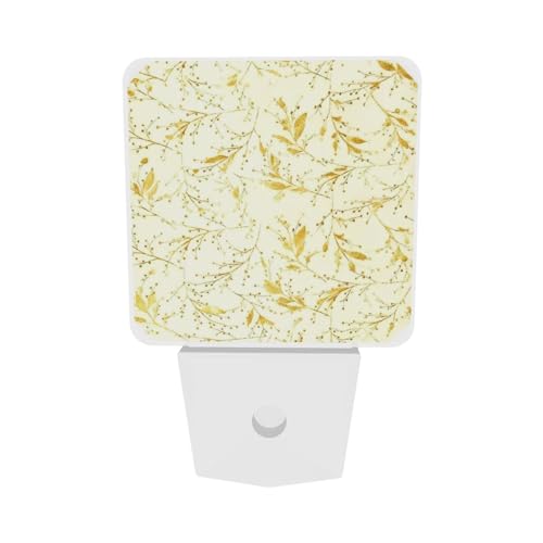 Image of Vintage Leaves Yellow Flowers Branches LED Plug-in Night Lamp 2 Piece Set, Auto Sensor Nightlights Set of 2 for Bedroom Bathroom
