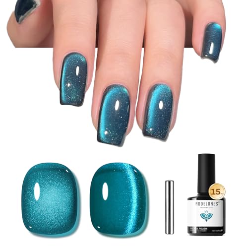 Image of modelones Cat Eye Gel Nail Polish Silk Blue Cat Eye Gel Polish Holographic 9D Glass Glitter Multichrome Polish Peacock Blue Nail Polish with Magnet Soak Off Led 15ML