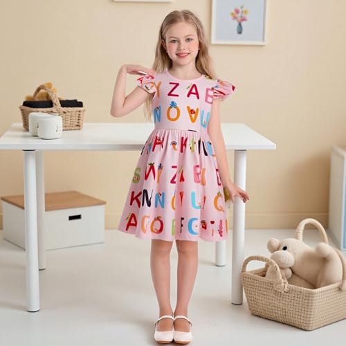 WonderBabe Toddler Kids Back to School Dress First Day of School Outfits for Girls Summer Casual Flutter Sleeve Ruffle Printed Dresses Size 6-73