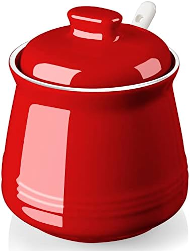 DAYYET Sugar Bowl with Lid and Spoon, 12 oz Ceramic Sugar Bowl with Spoon, Sugar Container for Coffee Bar, Sugar Jar Sugar Dispenser Bowl, Red Kitchen Decor and Accessories