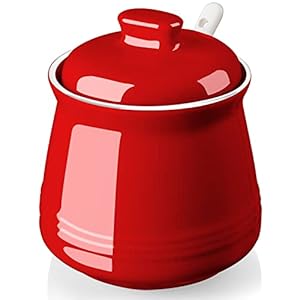 Sugar Bowl with Lid and Spoon, 12 oz Ceramic Sugar Bowl with Spoon, Sugar Container for Coffee Bar, Sugar Jar Sugar Dispenser Bowl, Red Kitchen Decor and Accessories