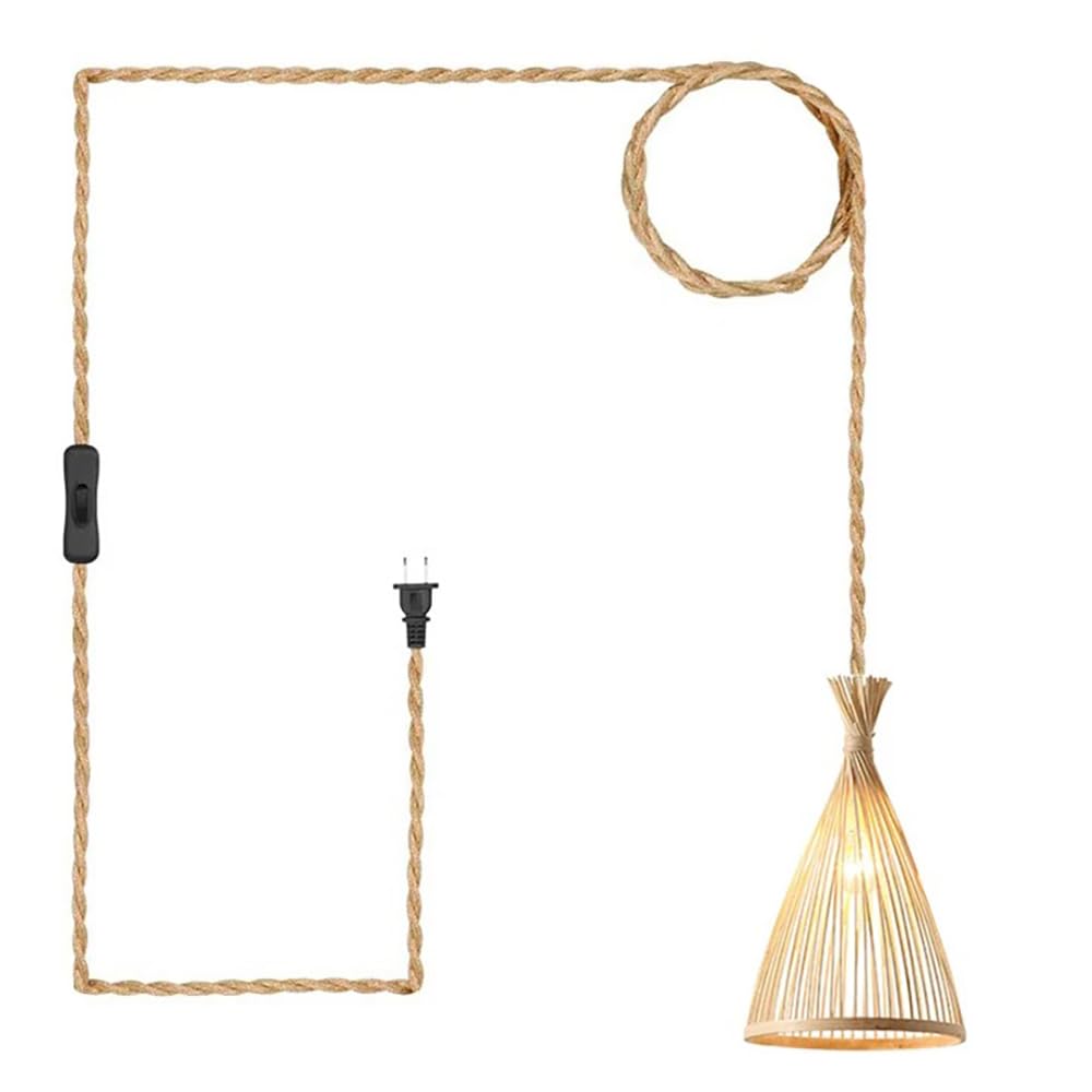 Plug In Pendant Light Hanging Lights With Plug In Cord Hanging Lamp Boho 15ft Rattan Dimmable Wicker Bamboo Woven Lamp Shade Hemp Rope Plug In Ceiling Light Fixture For Living Room Bedroom Farmhouse