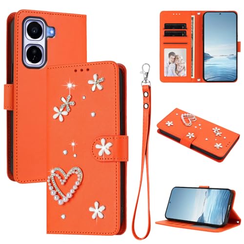 Jiajihua Case Compatible with Vivo IQOO Neo11 Lanyard【Card Holder Wallet Flip Cover Magnetic Buckle Kickstand】 Orange
