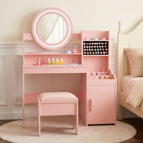 Image of INFANS Kids Vanity with Lights, Princess Makeup Desk with Mirror Storage Shelves, Toddler Table and Chair Set Pretend Play for Girls Aged 4-9