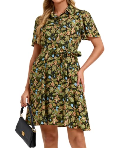 Image of Women Long Sleeve Spring Button Down A-Line Floral Print Summer Cocktail Shirt Dresses with Belt