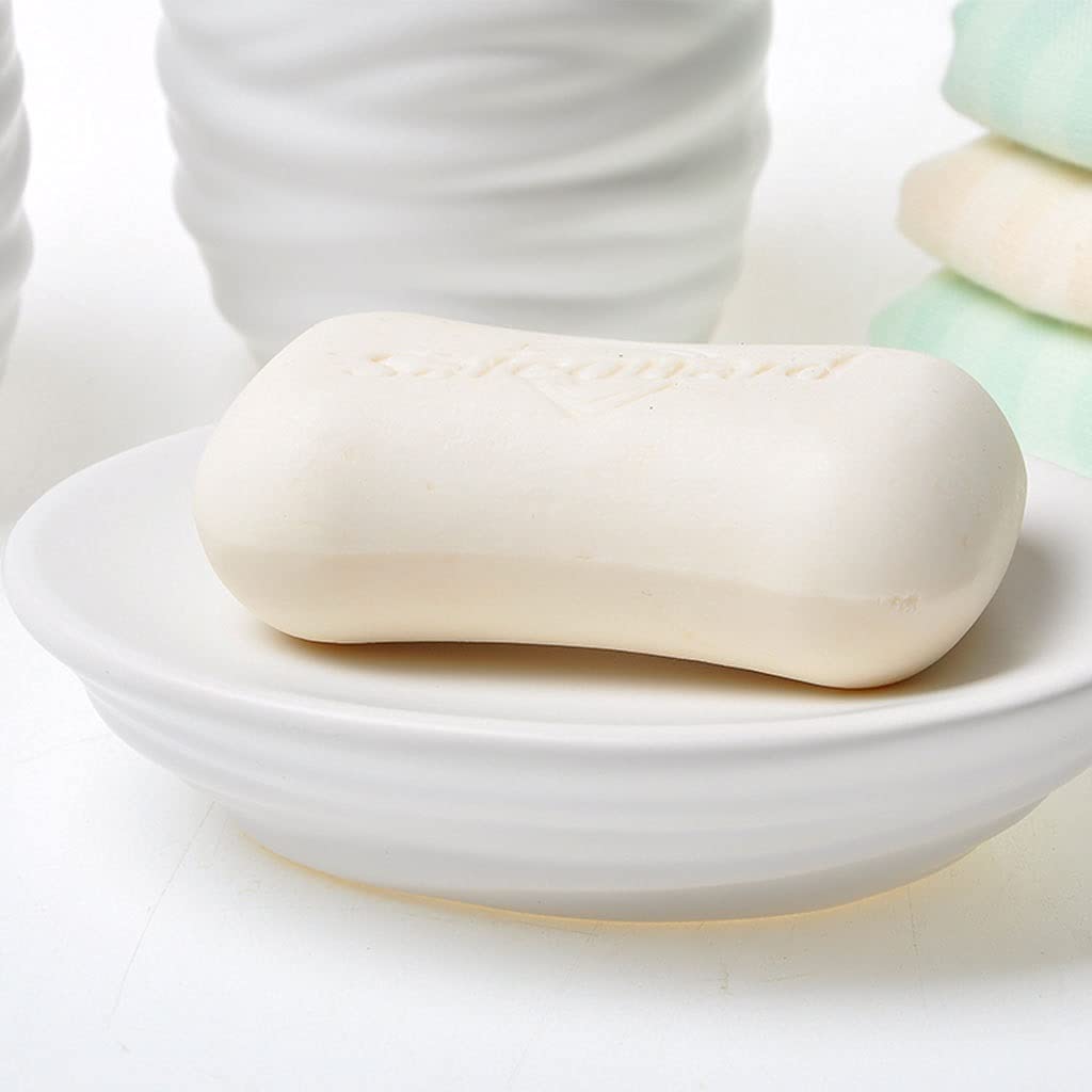 Set di Accessori da Bagno da 5 Pezzi con Dispenser per Doccia, Set Regalo con Dispenser di Sapone, Pompa, portaspazzolino, portasapone e Bicchieri per collutorio, in Ceramica/Bianco.