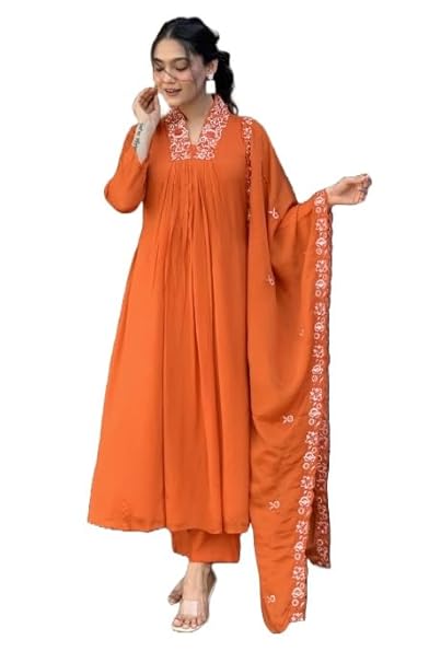 Nermosa Women Solid Embroidery Kurta and Pant Set with Dupatta