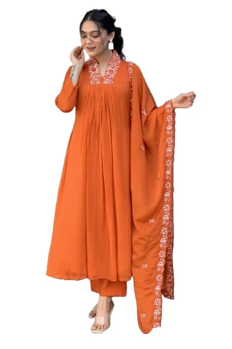 Nermosa Women Solid Embroidery Kurta and Pant Set with Dupatta