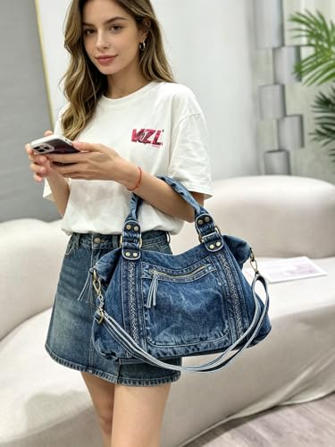 Image of Designer Denim Handbags for Women Hobo Tote Bag Crossbody Denim Purses Blue Jean Shoulder Bag